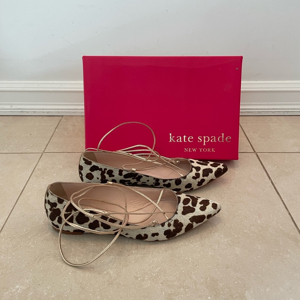 Kate Spade Leopard Print Gold Ankle Tie Flats size 6.5 Pointed Toe